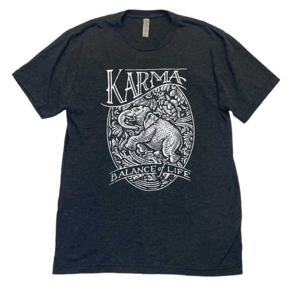 Karma Balance of Life Elephant Graphic Tee Women’s Medium Yoga Boho Gray T-Shirt